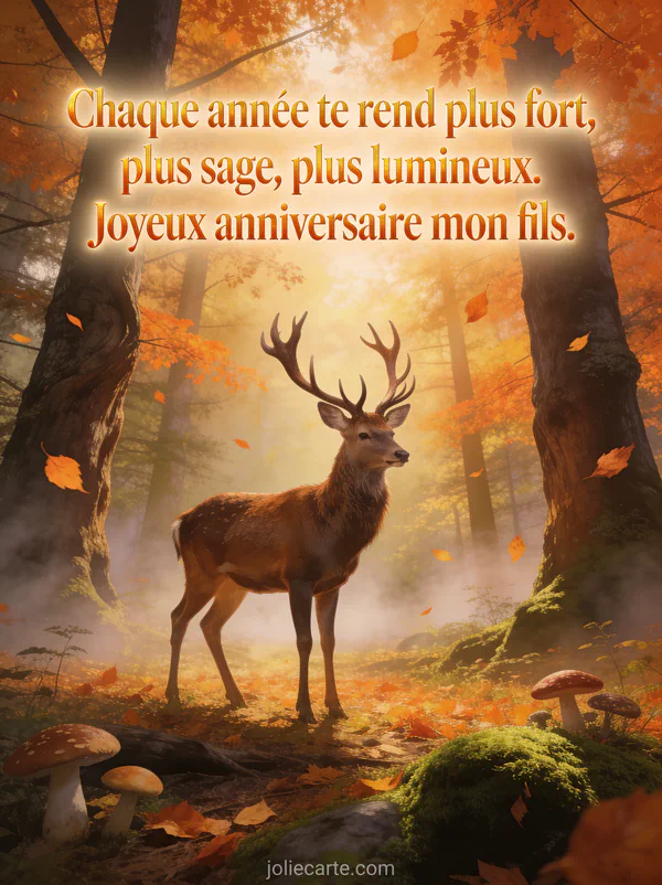 Cerf majestueux aux bois imposants dans une clairière baignée de lumière dorée d'automne