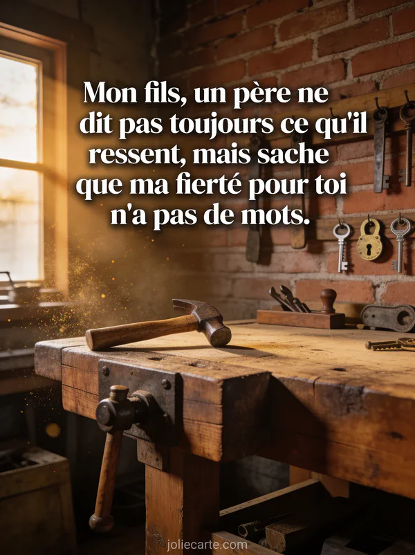 Atelier vintage avec outils en bois sur mur et établi en chêne baigné de lumière chaude