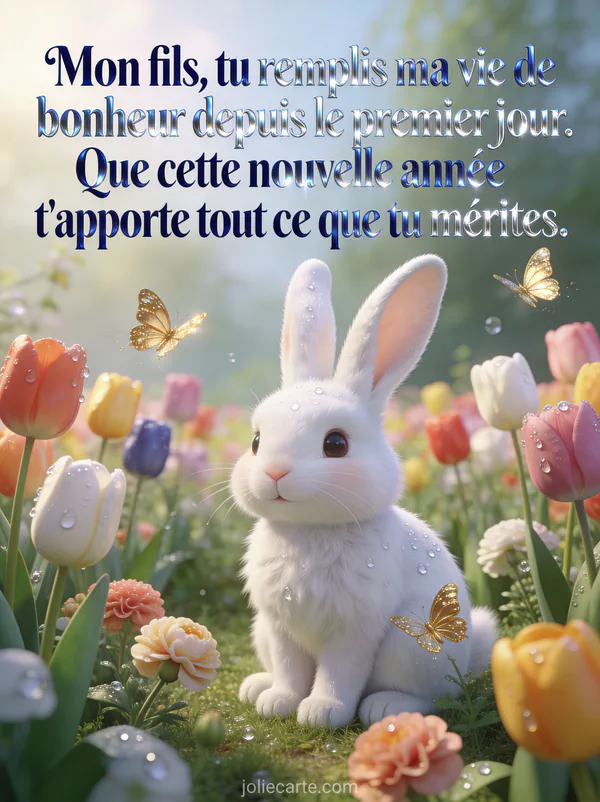 Lapin blanc dans jardin fleuri de tulipes multicolores avec papillons dorés et rosée matinale