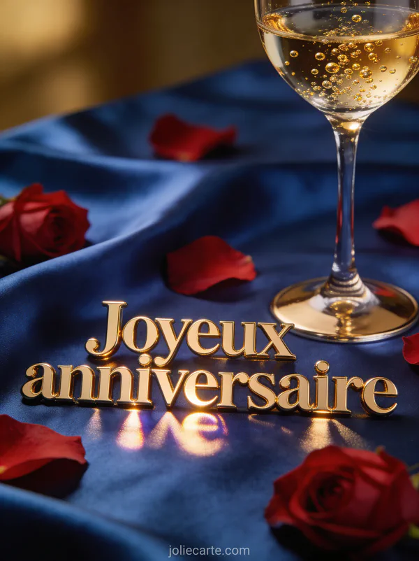 Coupe de champagne élégante avec bulles dorées et pétales de roses rouges et le texte Joyeux anniversaire