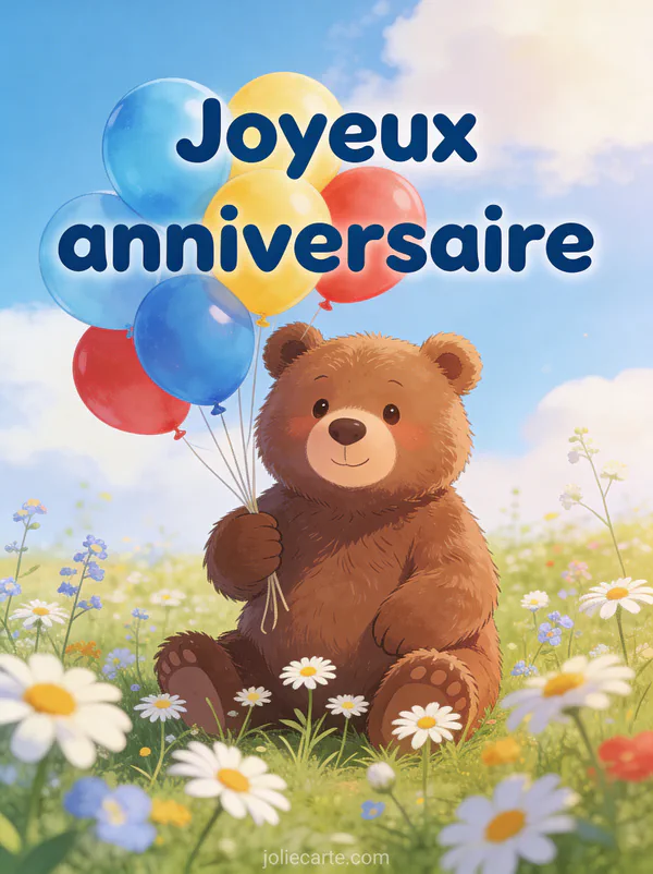 Illustration d'un ours brun tenant des ballons colorés dans une prairie fleurie avec le texte Joyeux anniversaire