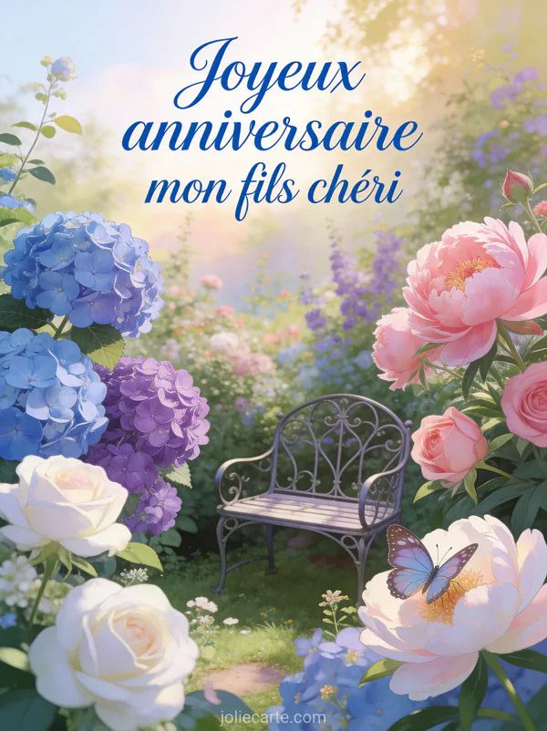 Illustration d'un jardin avec hortensias bleus pivoines roses et un papillon avec le texte Joyeux anniversaire mon fils chéri