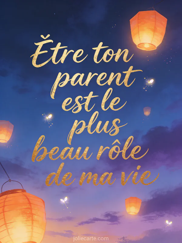 Lanternes lumineuses flottant dans un ciel crépusculaire bleu et violet avec lucioles et le texte Être ton parent est le plus beau rôle