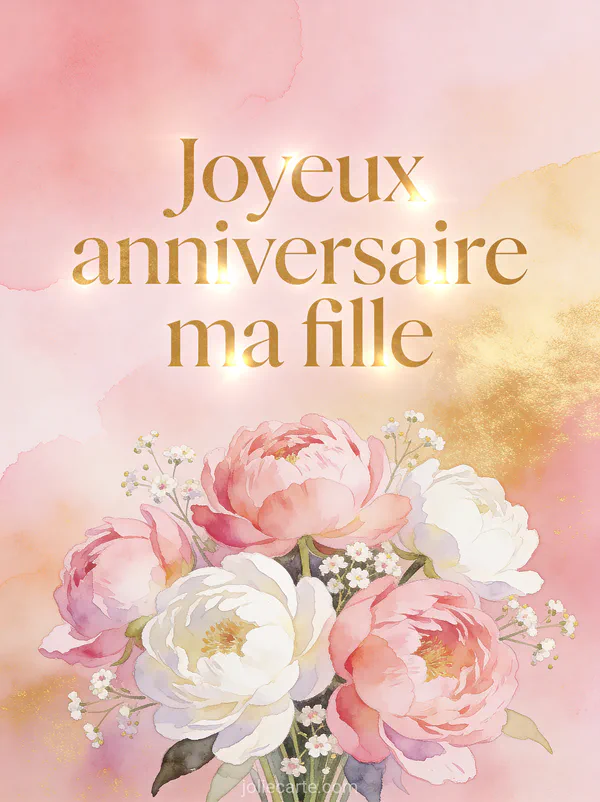 Bouquet de pivoines roses et blanches avec le texte Joyeux anniversaire ma fille en lettres dorées sur fond aquarelle