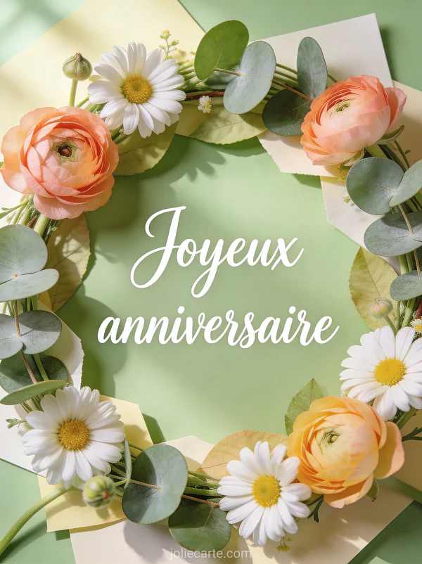Couronne de renoncules marguerites et eucalyptus avec le texte Joyeux anniversaire en typographie manuscrite blanche