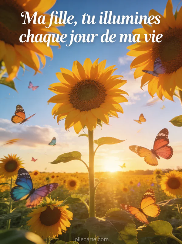 Champ de tournesols lumineux avec papillons et le texte Ma fille tu illumines chaque jour de ma vie