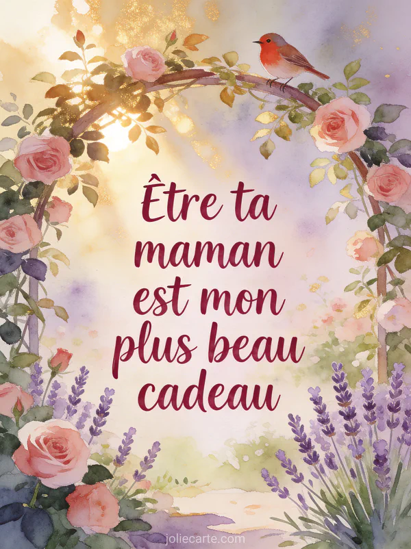 Illustration aquarelle d'un jardin fleuri avec arche de roses et un rouge-gorge et le texte ĂŠtre ta maman est mon plus beau cadeau