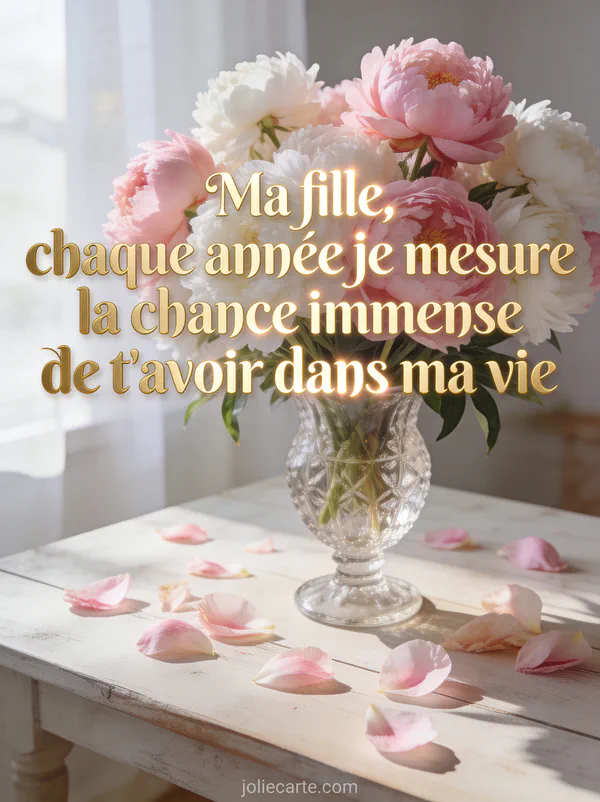 Bouquet de pivoines roses et blanches dans un vase en cristal avec le texte Ma fille chaque année je mesure la chance de t'avoir