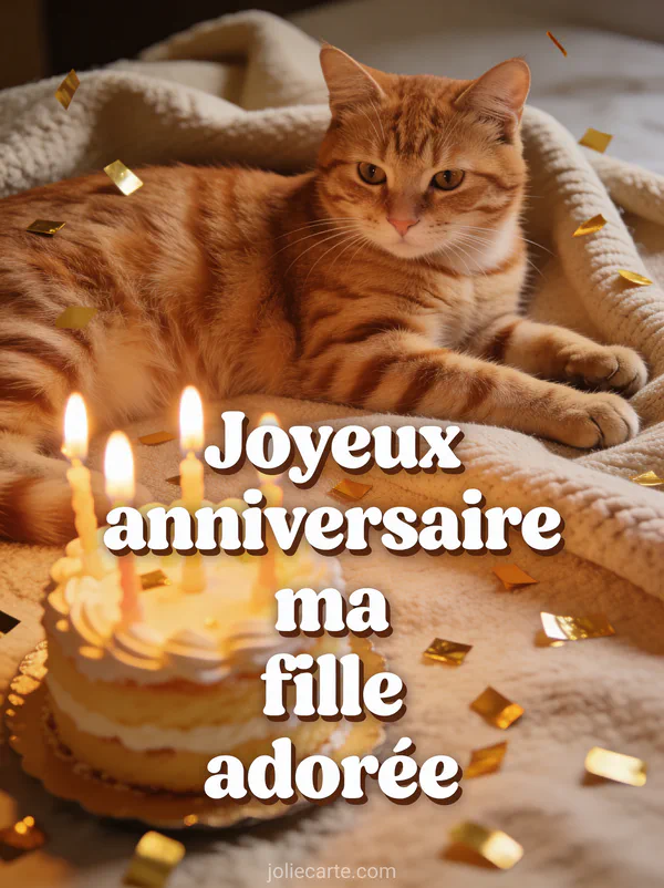 Chat roux tigré allongé sur un plaid beige à côté d'un gâteau d'anniversaire avec bougies et le texte Joyeux anniversaire ma fille adorée