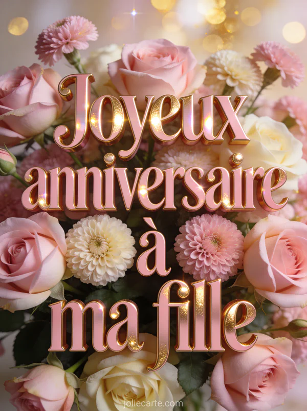 Gerbe de roses anciennes et renoncules roses et crème avec bokeh doré et le texte Joyeux anniversaire à ma fille