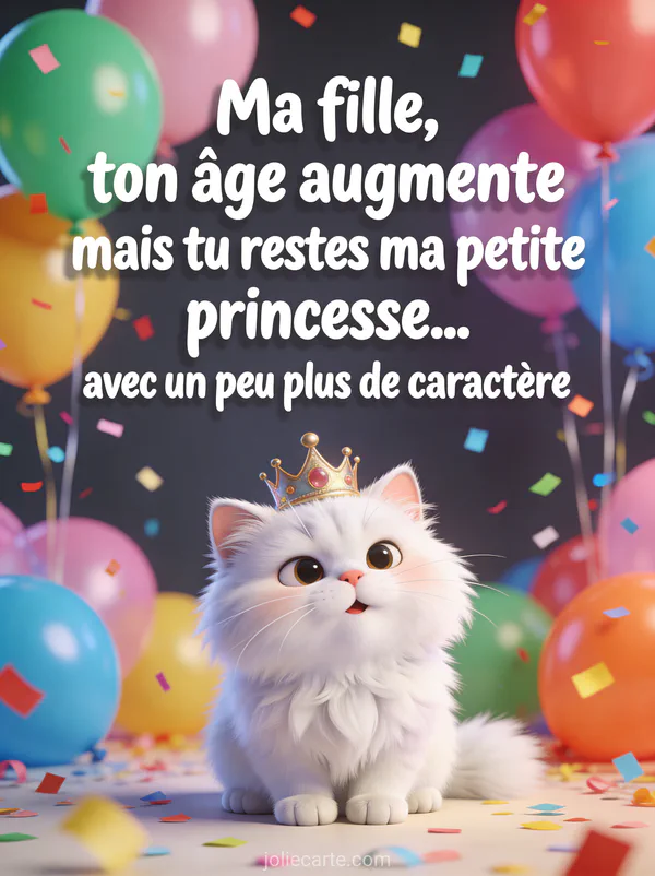 Chat persan blanc avec une couronne de travers et un air royal amusé entouré de confettis et ballons