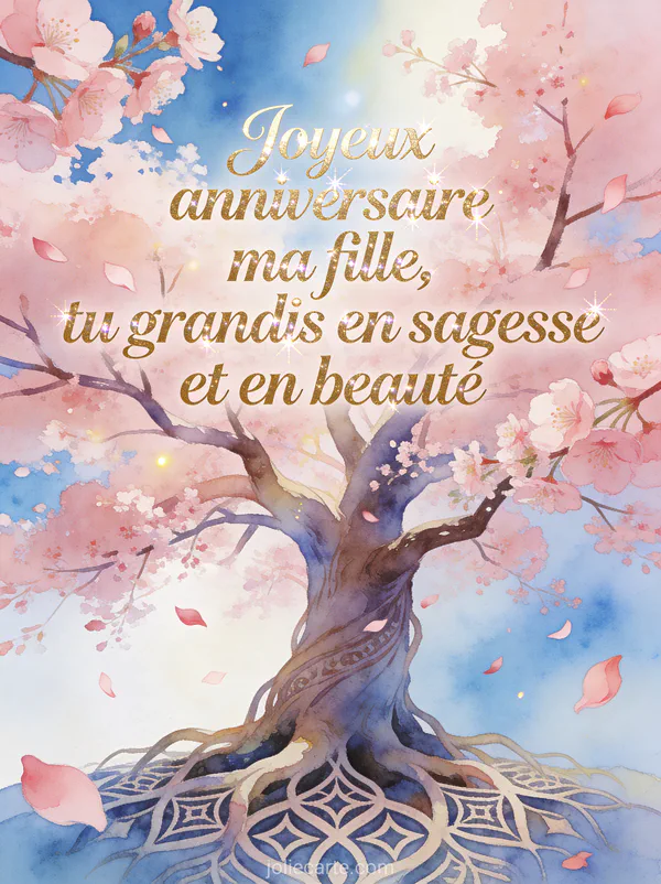 Arbre de vie aux branches fleuries de cerisier rose avec pétales s'envolant vers un ciel bleu lumineux style aquarelle