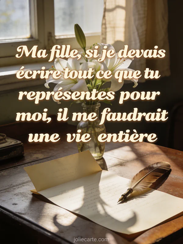 Bureau en bois avec lettre ouverte plume ancienne et bouquet de lys blancs dans un vase lumière tamisée de fin de journée