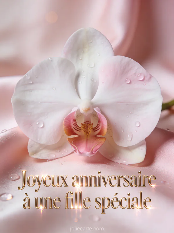 Orchidée blanche et rose sur soie avec gouttes de rosée et le texte Joyeux anniversaire à une fille spéciale en doré