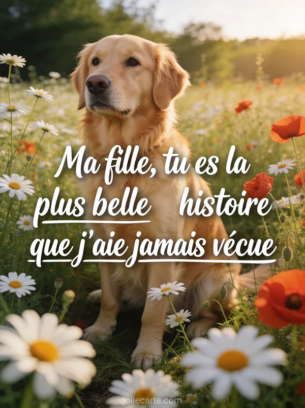 Chien golden retriever assis dans un pré de marguerites et coquelicots sous une lumière dorée d'après-midi