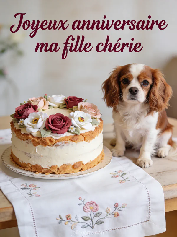 Chien cavalier king charles à côté d'un gâteau fleuri avec le texte Joyeux anniversaire ma fille chérie
