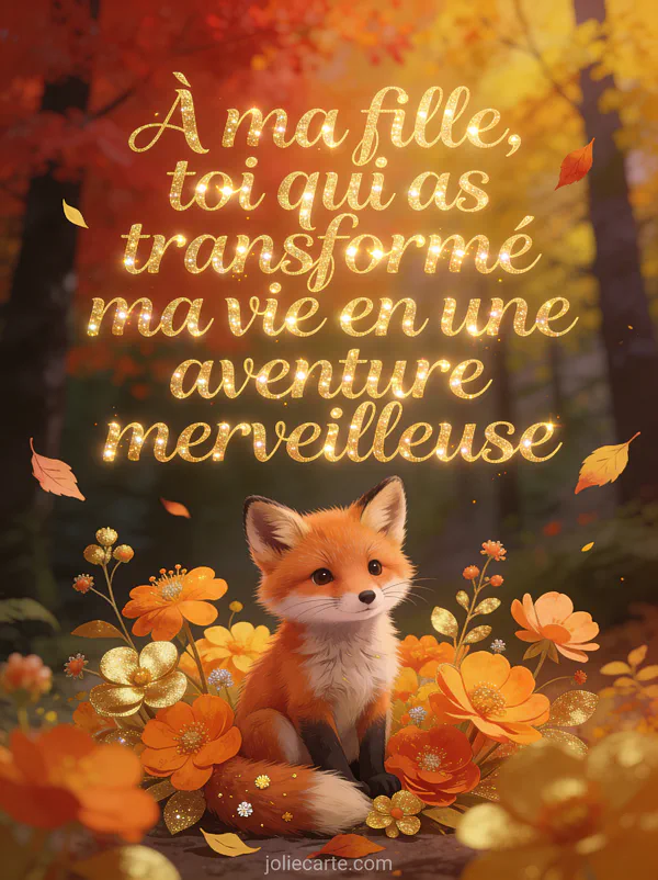 Petit renard roux assis parmi des fleurs d'automne orangées et dorées avec feuilles tombantes et forêt automnale