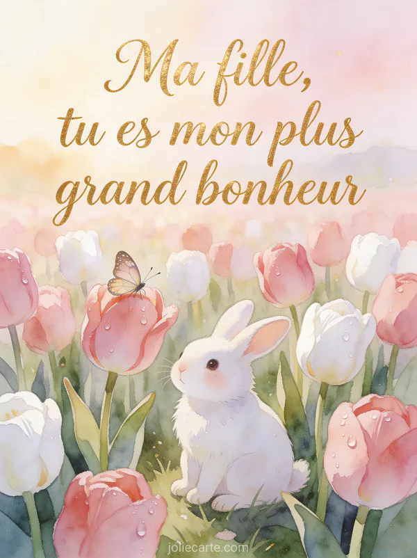 Lapin blanc dans un champ de tulipes roses avec papillon et le texte Ma fille tu es mon plus grand bonheur