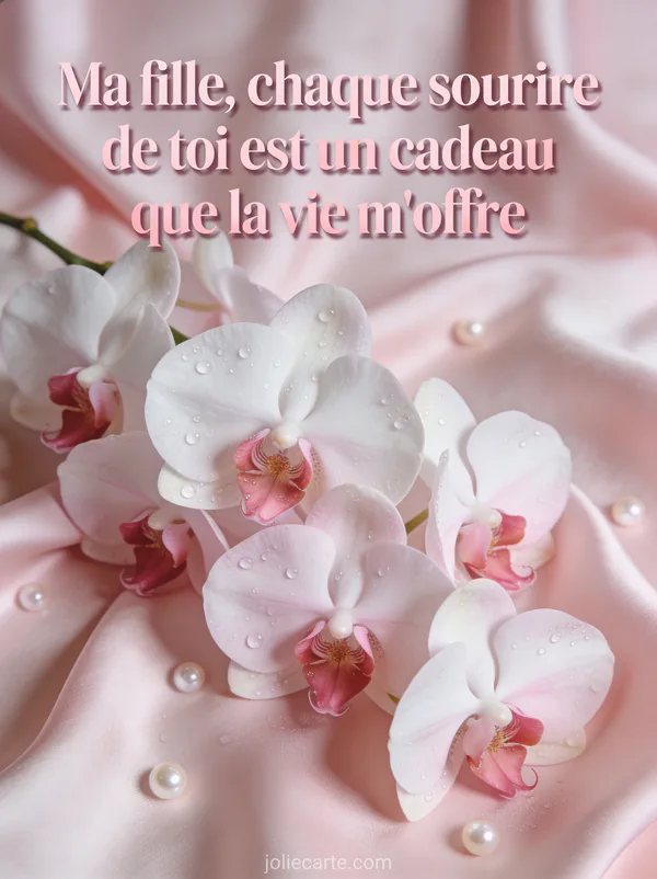 Orchidées phalaenopsis blanches et roses sur fond de soie rose pâle avec perles de rosée sur les pétales