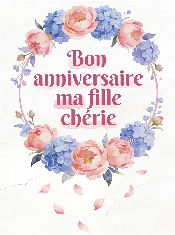 Guirlande de pivoines et hortensias roses et lavande avec le texte Bon anniversaire ma fille chérie