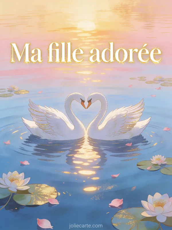 Deux cygnes blancs formant un cœur sur un lac calme au coucher du soleil avec reflets dorés et nénuphars