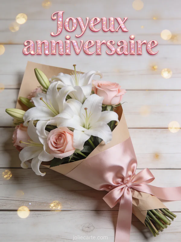 Bouquet de lys blancs et roses avec ruban satin sur fond bois et le texte Joyeux anniversaire en rose pailleté