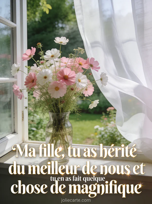 Bouquet de cosmos roses et blancs dans un vase en verre sur rebord de fenêtre ouverte avec vue sur jardin verdoyant