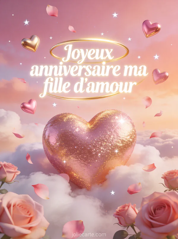Cœurs en or rose flottant dans un ciel pêche avec étoiles scintillantes et le texte Joyeux anniversaire ma fille d'amour