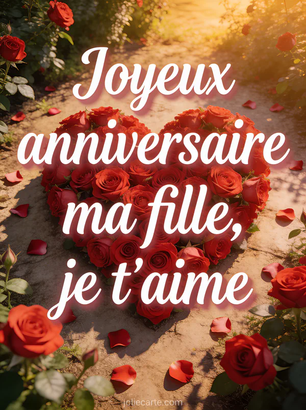 Roses rouges et roses disposées en forme de cœur avec pétales et le texte Joyeux anniversaire ma fille je t'aime