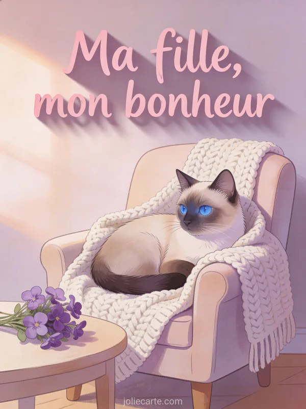 Chat siamois aux yeux bleus blotti dans un fauteuil avec plaid tricoté et bouquet de violettes sur la table