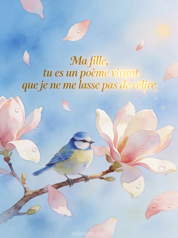 Mésange bleue perchée sur une branche de magnolia en fleurs avec pétales tombant et rosée scintillante style aquarelle