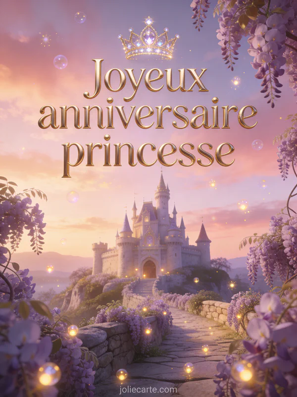 Château féerique entouré de glycine mauve avec lumières magiques et le texte Joyeux anniversaire princesse en doré