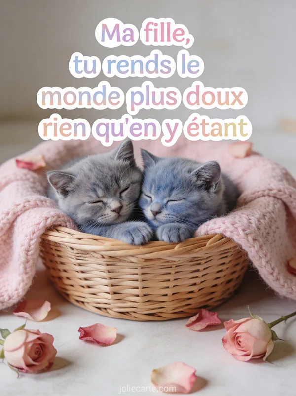 Deux chatons british shorthair gris bleu blottis dans un panier en osier avec couverture rose et pétales de rose