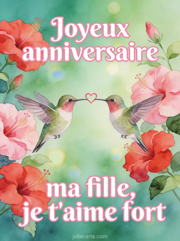 Deux colibris face à face entourés d'hibiscus roses et rouges avec le texte Joyeux anniversaire ma fille je t'aime fort