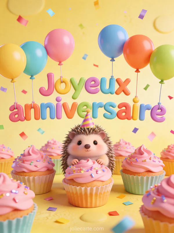 Petit hérisson avec chapeau de fête parmi des cupcakes roses et confettis avec le texte Joyeux anniversaire