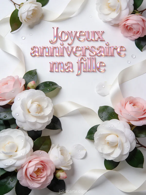 Camélias blancs et roses avec ruban satin ivoire et rosée sur fond blanc et le texte Joyeux anniversaire ma fille