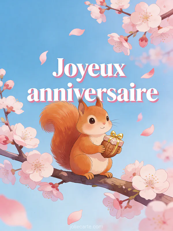Écureuil roux avec noisette-cadeau sur branche de cerisier en fleurs et le texte Joyeux anniversaire