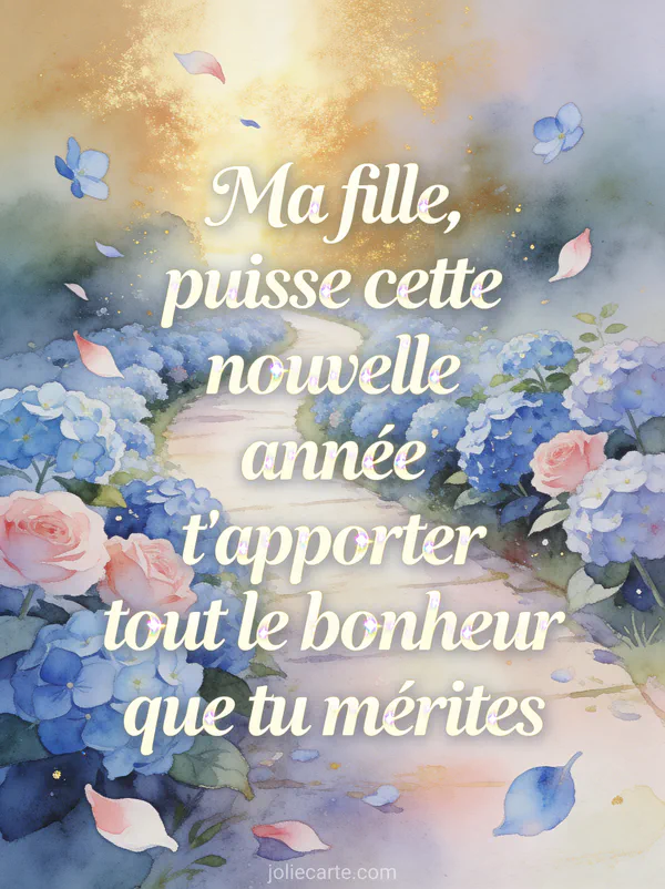 Chemin bordé d'hortensias bleus et roses menant vers une lumière dorée avec pétales s'envolant style aquarelle