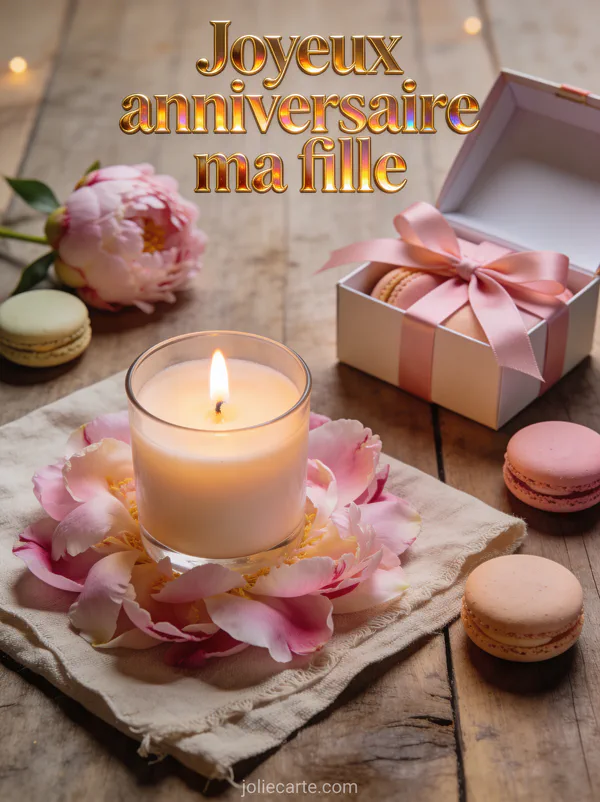 Bougie parfumée pétales de pivoine macarons pastel et cadeau avec le texte Joyeux anniversaire ma fille