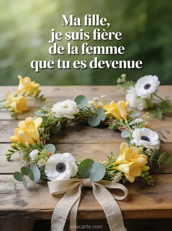Couronne de fleurs champêtres avec freesias jaunes anémones blanches et eucalyptus sur table en bois rustique