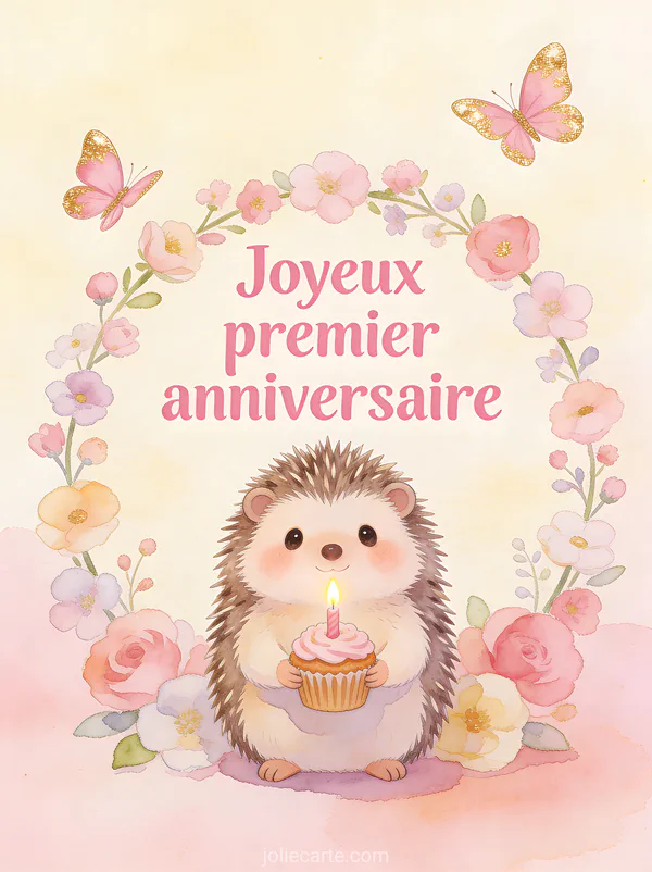 Chaton blanc aux yeux bleus jouant avec un ballon rose en forme de 1 et guirlande de fleurs