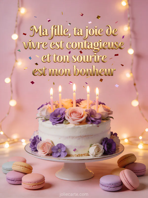 Gâteau d'anniversaire élégant décoré de fleurs comestibles roses et violettes avec bougies macarons et guirlandes lumineuses