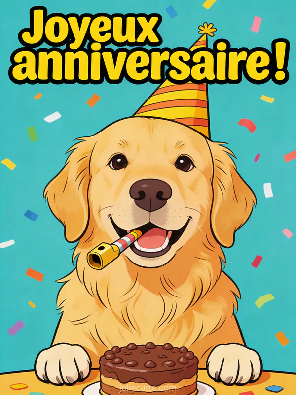 Golden retriever avec chapeau de fête et sifflet devant un gâteau au chocolat et le texte Joyeux anniversaire