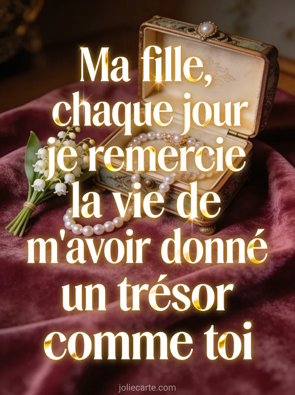Coffret à bijoux ancien ouvert avec perles et bouquet de muguet sur velours bordeaux dans une lumière tamisée