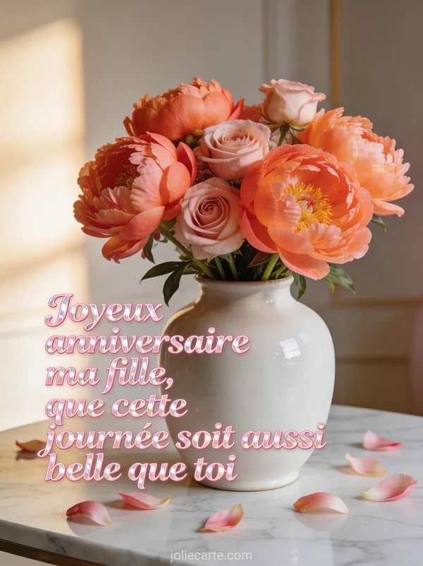 Bouquet somptueux de pivoines corail et roses dans un vase en céramique blanche sur table en marbre avec pétales tombés