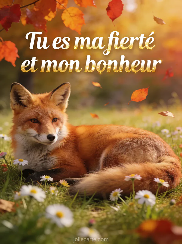 Renard roux couché dans l'herbe avec pâquerettes en automne et le texte Tu es ma fierté et mon bonheur
