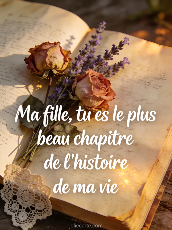 Vieux livre ouvert avec fleurs séchées pressées roses et lavande sur dentelle ancienne lumière dorée de fin d'après-midi