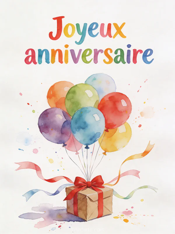 Illustration aquarelle de ballons colorés attachés à un cadeau kraft avec nœud rouge et le texte Joyeux anniversaire