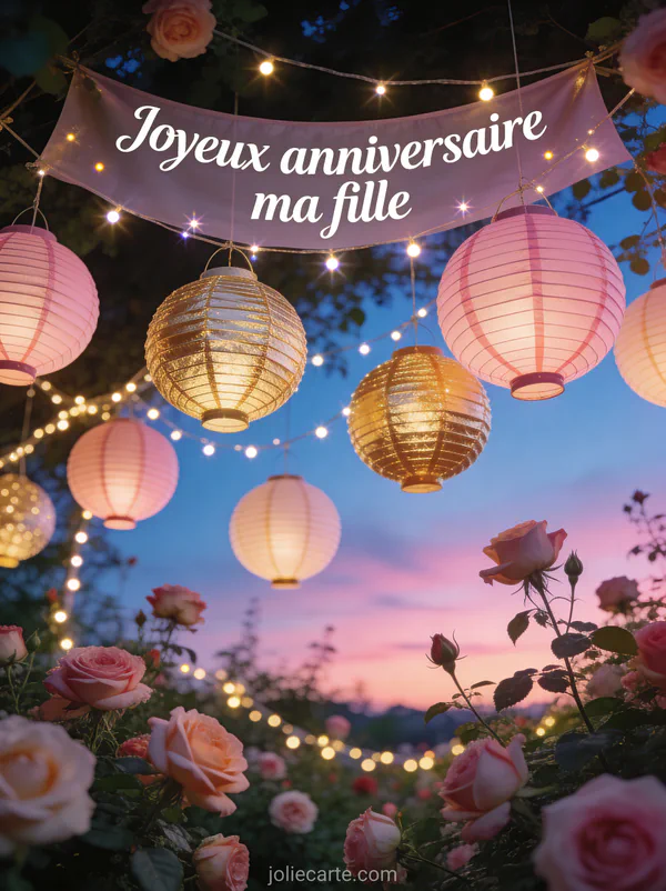 Lanternes roses et dorées au-dessus d'un jardin de roses avec guirlandes lumineuses et le texte Joyeux anniversaire ma fille