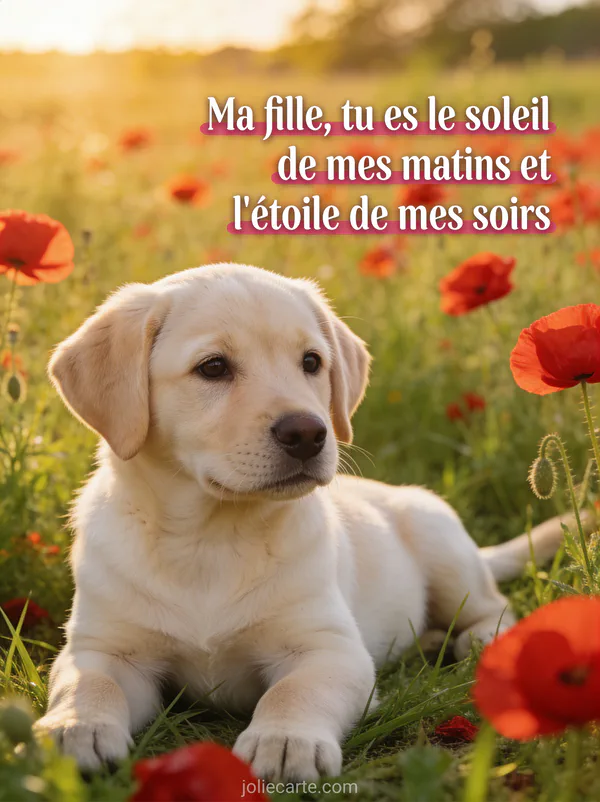 Chiot labrador crème couché dans un champ de coquelicots rouges sous une lumière dorée de fin de journée